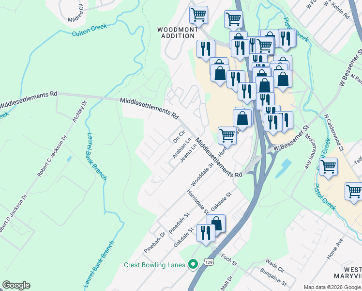 map of restaurants, bars, coffee shops, grocery stores, and more near 220 Arabian Lane in Maryville