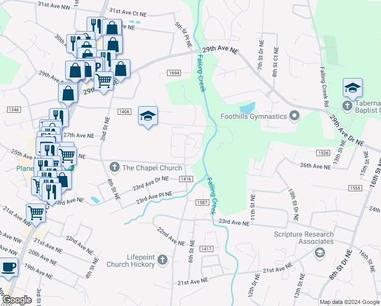map of restaurants, bars, coffee shops, grocery stores, and more near 493 26th Avenue Northeast in Hickory
