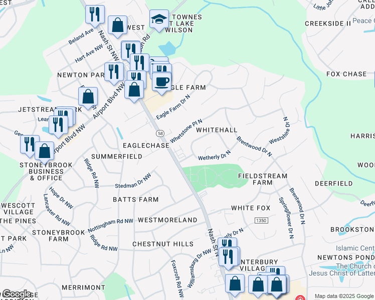 map of restaurants, bars, coffee shops, grocery stores, and more near 3323-3325 Whitlock Dr N in Wilson