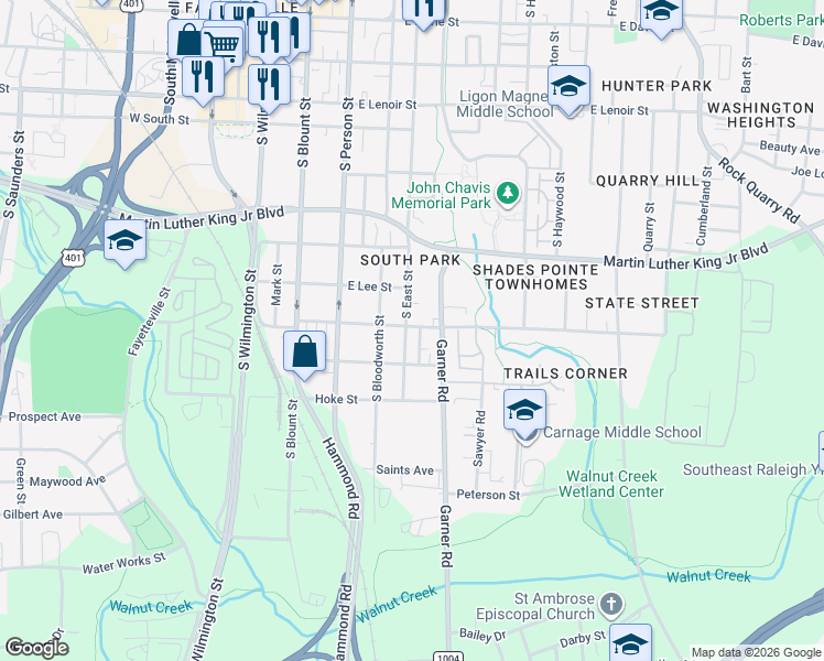 map of restaurants, bars, coffee shops, grocery stores, and more near 417 Bragg Street in Raleigh