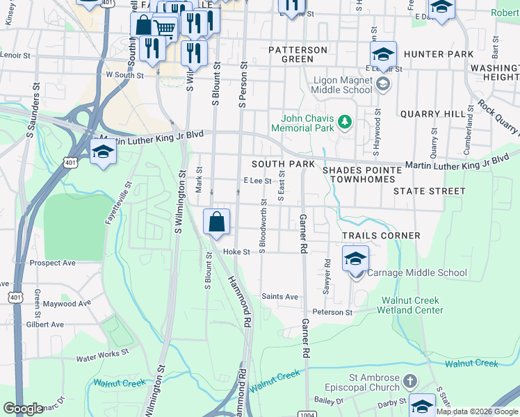 map of restaurants, bars, coffee shops, grocery stores, and more near 319 Bragg Street in Raleigh