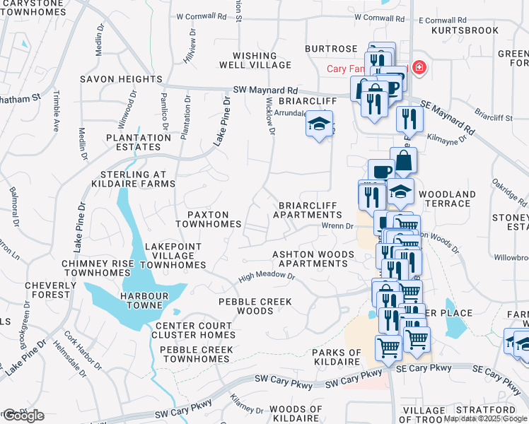 map of restaurants, bars, coffee shops, grocery stores, and more near 315 Bargate Drive in Cary