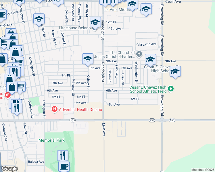 map of restaurants, bars, coffee shops, grocery stores, and more near 702 Randolph Street in Delano