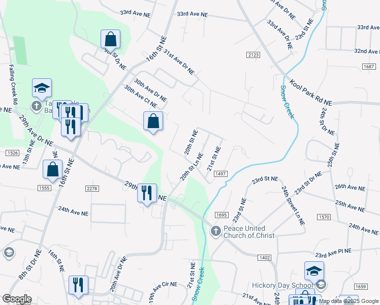 map of restaurants, bars, coffee shops, grocery stores, and more near 2838 20th Street Northeast in Hickory