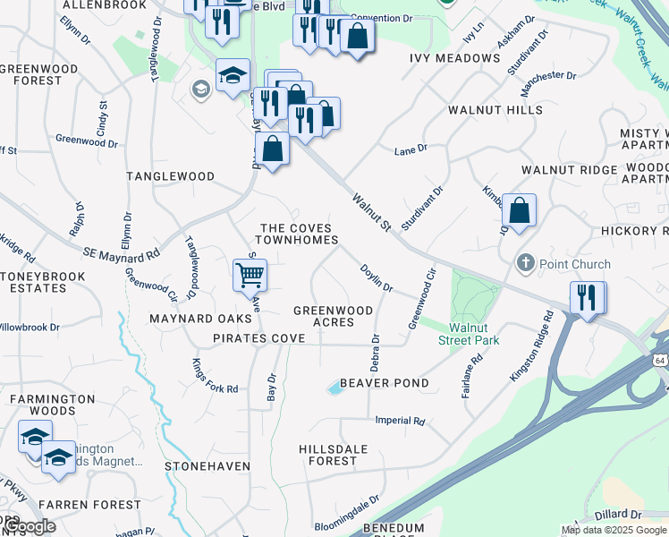 map of restaurants, bars, coffee shops, grocery stores, and more near 1403 Brunson Court in Cary