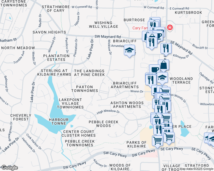 map of restaurants, bars, coffee shops, grocery stores, and more near 315 Bargate Drive in Cary