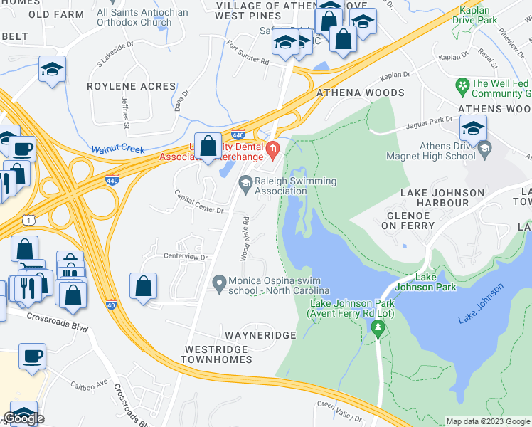 map of restaurants, bars, coffee shops, grocery stores, and more near 1111 Lupine Court in Raleigh