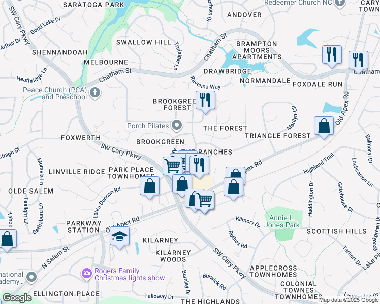 map of restaurants, bars, coffee shops, grocery stores, and more near 113 Tabula Place in Cary