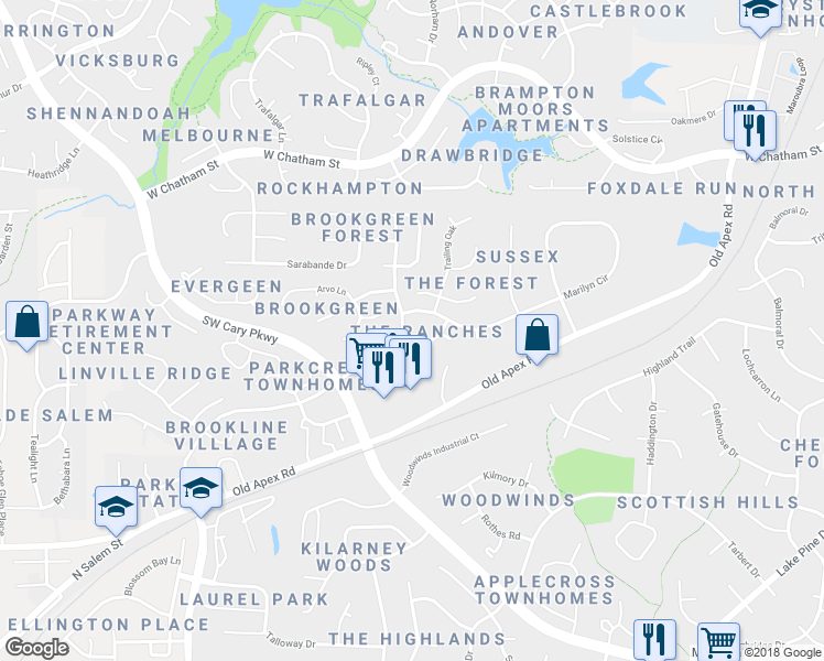 map of restaurants, bars, coffee shops, grocery stores, and more near 103 Laramie Court in Cary