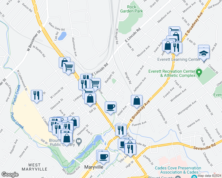 map of restaurants, bars, coffee shops, grocery stores, and more near 238 Andy Carr Avenue in Alcoa