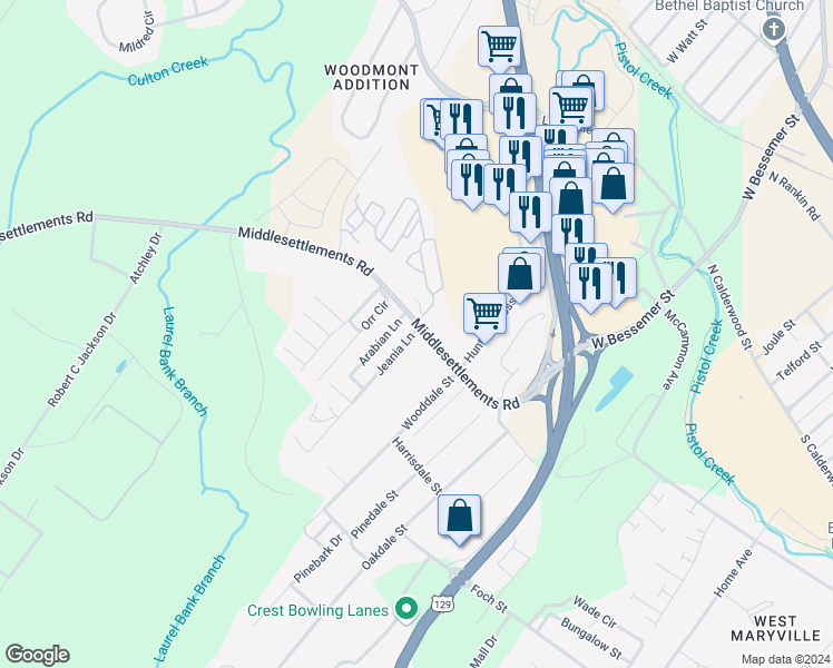 map of restaurants, bars, coffee shops, grocery stores, and more near 1125 Middlesettlements Road in Maryville