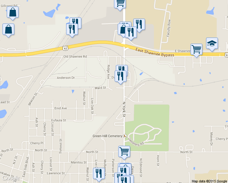 map of restaurants, bars, coffee shops, grocery stores, and more near 2203 Ward Street in Muskogee