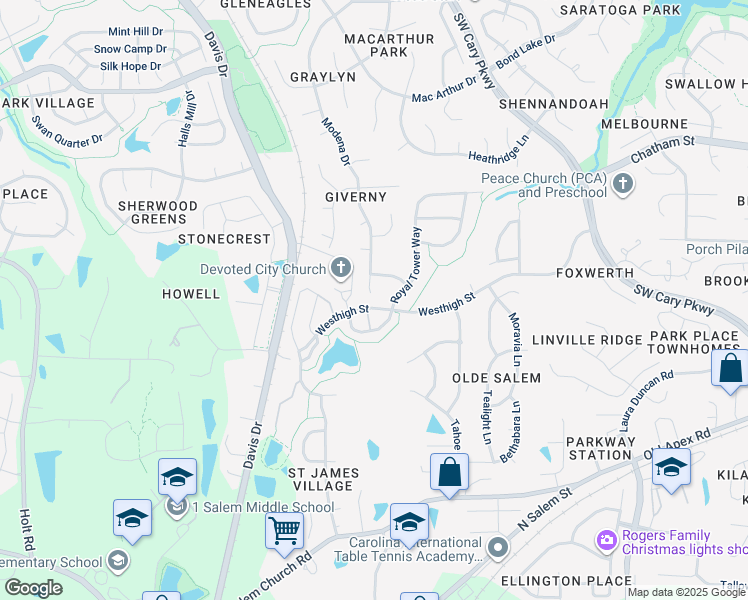map of restaurants, bars, coffee shops, grocery stores, and more near 809 Modena Drive in Cary
