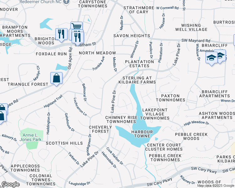 map of restaurants, bars, coffee shops, grocery stores, and more near 113 Westwind Court in Cary
