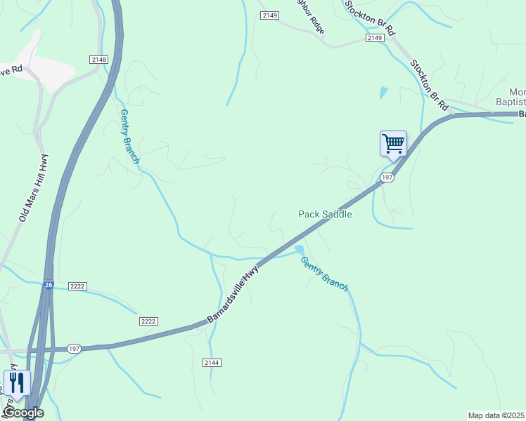 map of restaurants, bars, coffee shops, grocery stores, and more near Pack Saddle Trail in Buncombe County