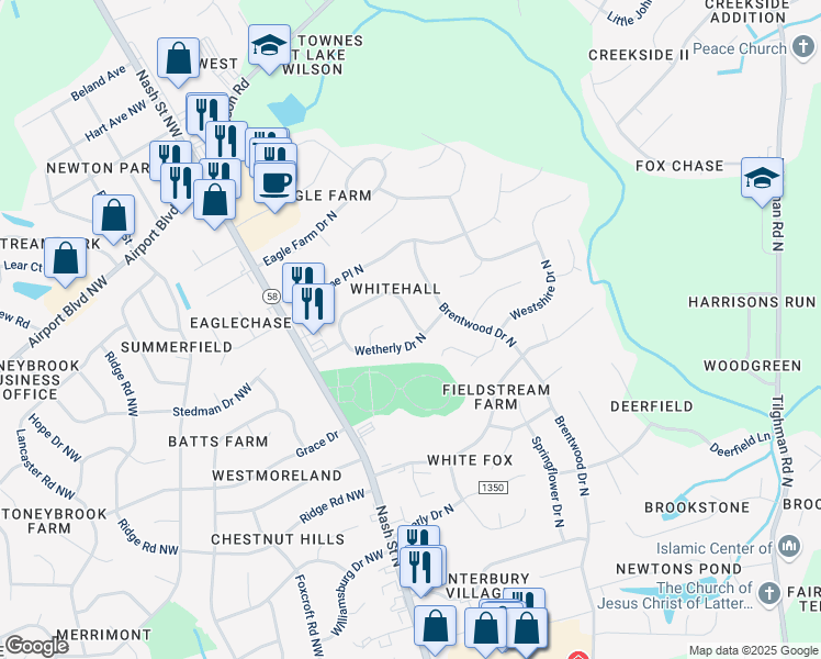 map of restaurants, bars, coffee shops, grocery stores, and more near 3305 Whitlock Drive North in Wilson