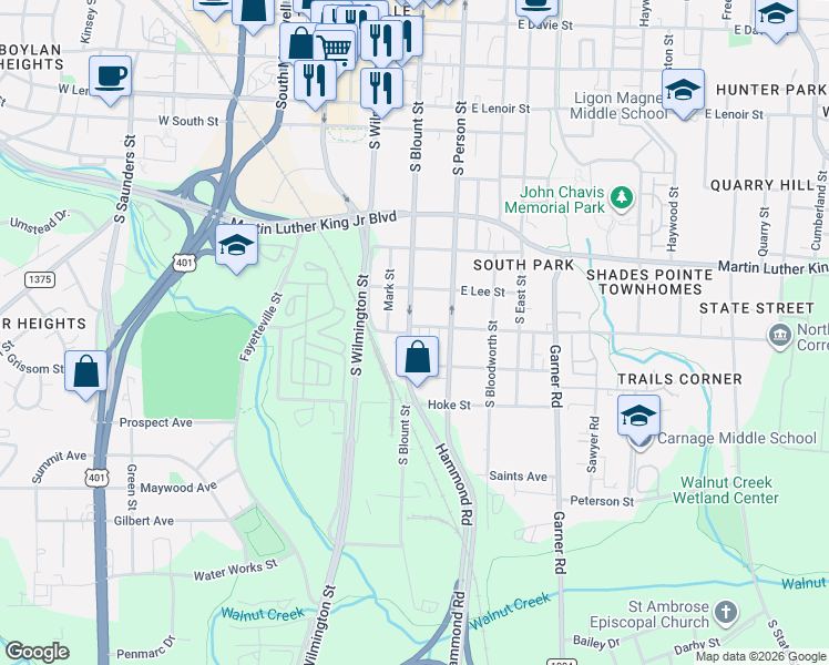 map of restaurants, bars, coffee shops, grocery stores, and more near 1128 South Blount Street in Raleigh