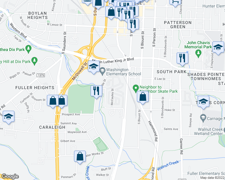 map of restaurants, bars, coffee shops, grocery stores, and more near 1265 McCauley Street in Raleigh