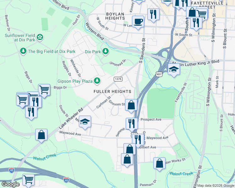 map of restaurants, bars, coffee shops, grocery stores, and more near 1118 1/2 Fuller Street in Raleigh