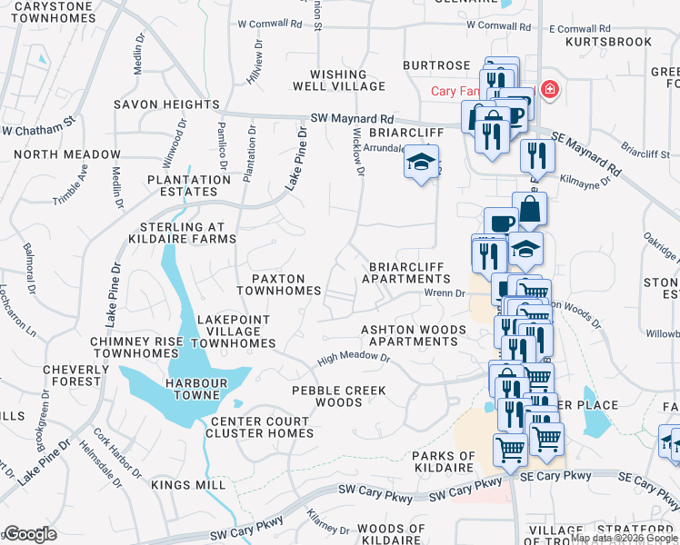map of restaurants, bars, coffee shops, grocery stores, and more near 315 Bargate Drive in Cary