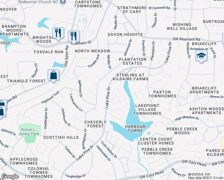 map of restaurants, bars, coffee shops, grocery stores, and more near 113 Westwind Court in Cary