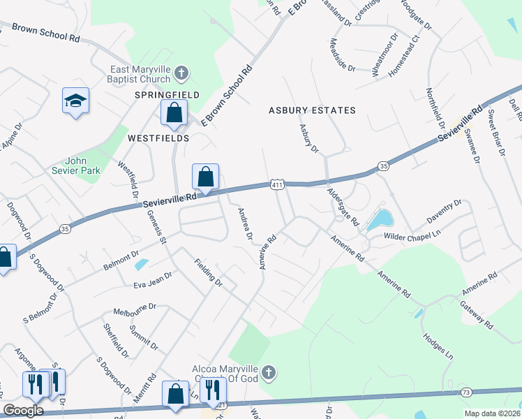 map of restaurants, bars, coffee shops, grocery stores, and more near 2560 Sevierville Rd in Maryville