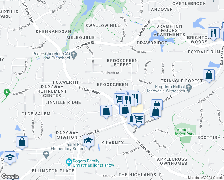 map of restaurants, bars, coffee shops, grocery stores, and more near 215 Kronos Lane in Cary