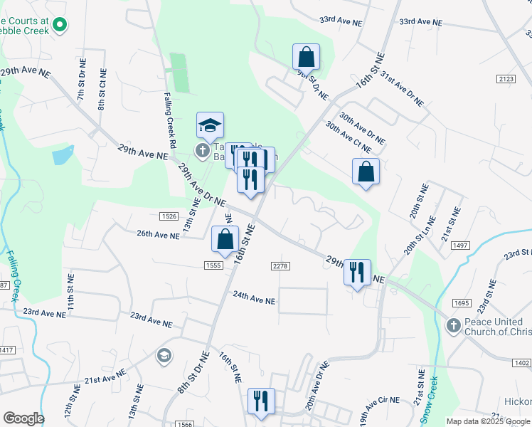 map of restaurants, bars, coffee shops, grocery stores, and more near 2810 16th Street Northeast in Hickory