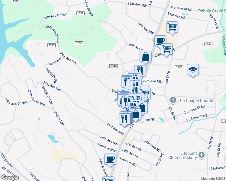 map of restaurants, bars, coffee shops, grocery stores, and more near 146 25th Avenue Northwest in Hickory