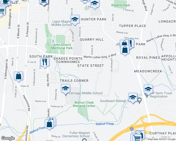 map of restaurants, bars, coffee shops, grocery stores, and more near 903 Bragg Street in Raleigh