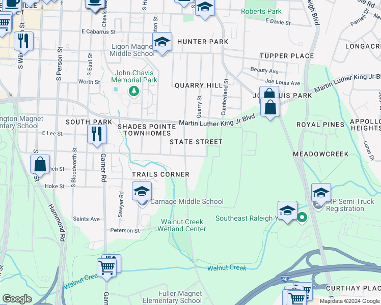 map of restaurants, bars, coffee shops, grocery stores, and more near 903 Bragg Street in Raleigh