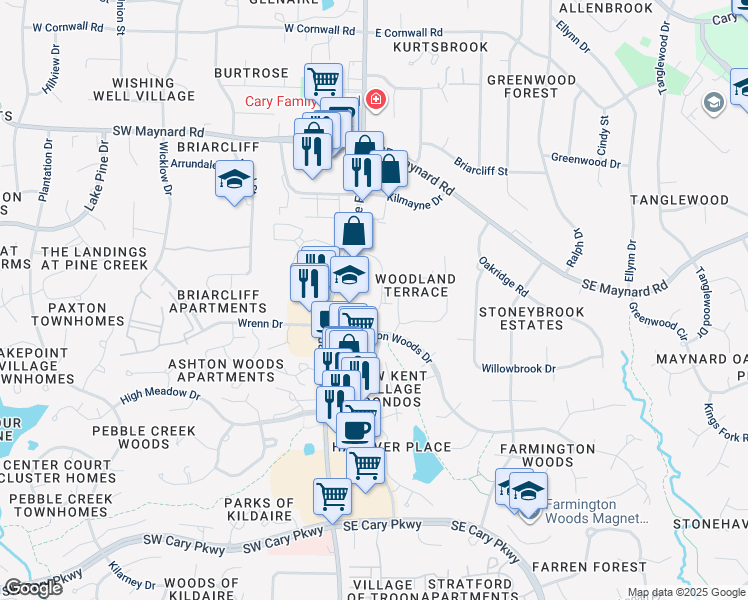 map of restaurants, bars, coffee shops, grocery stores, and more near 1148 Executive Circle in Cary