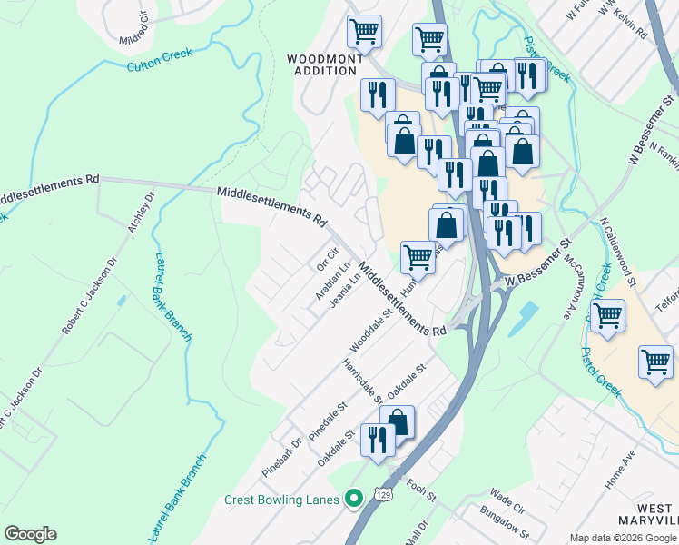 map of restaurants, bars, coffee shops, grocery stores, and more near 220 Arabian Lane in Maryville