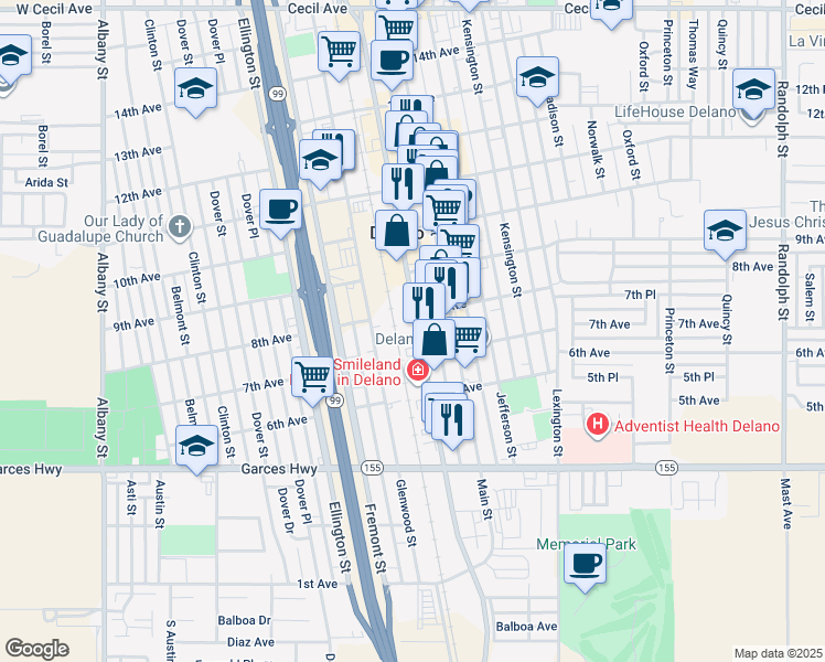 map of restaurants, bars, coffee shops, grocery stores, and more near 705 High Street in Delano