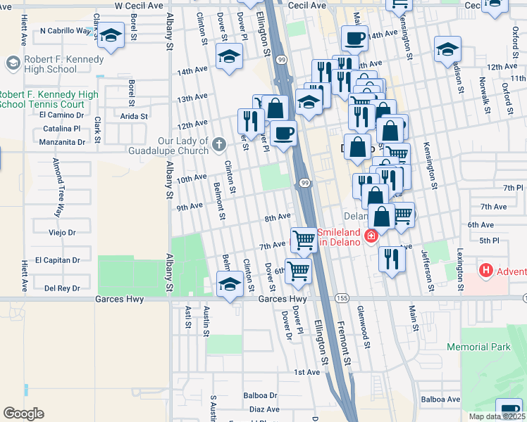 map of restaurants, bars, coffee shops, grocery stores, and more near 814 Dover Street in Delano