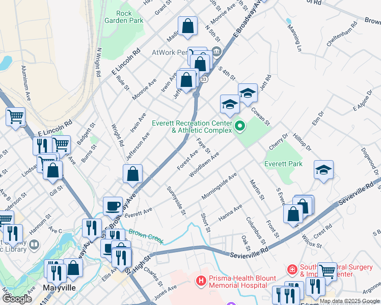 map of restaurants, bars, coffee shops, grocery stores, and more near 1310 East Broadway Avenue in Maryville