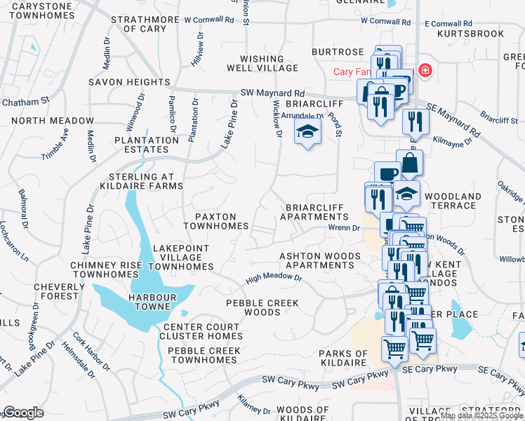 map of restaurants, bars, coffee shops, grocery stores, and more near 315 Bargate Drive in Cary