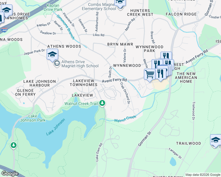 map of restaurants, bars, coffee shops, grocery stores, and more near 1005 Avent Hill in Raleigh