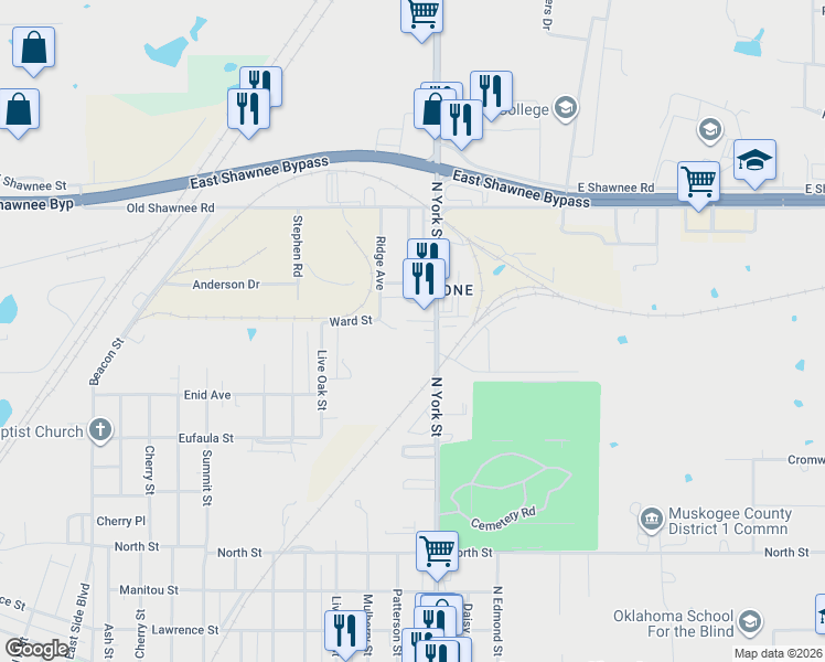 map of restaurants, bars, coffee shops, grocery stores, and more near 2203 Ward Street in Muskogee