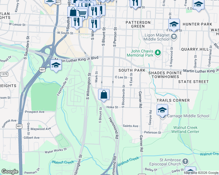 map of restaurants, bars, coffee shops, grocery stores, and more near 1116 South Person Street in Raleigh