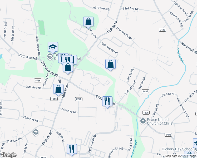 map of restaurants, bars, coffee shops, grocery stores, and more near 2830 16th Street Northeast in Hickory