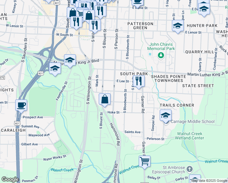 map of restaurants, bars, coffee shops, grocery stores, and more near 1116 South Person Street in Raleigh
