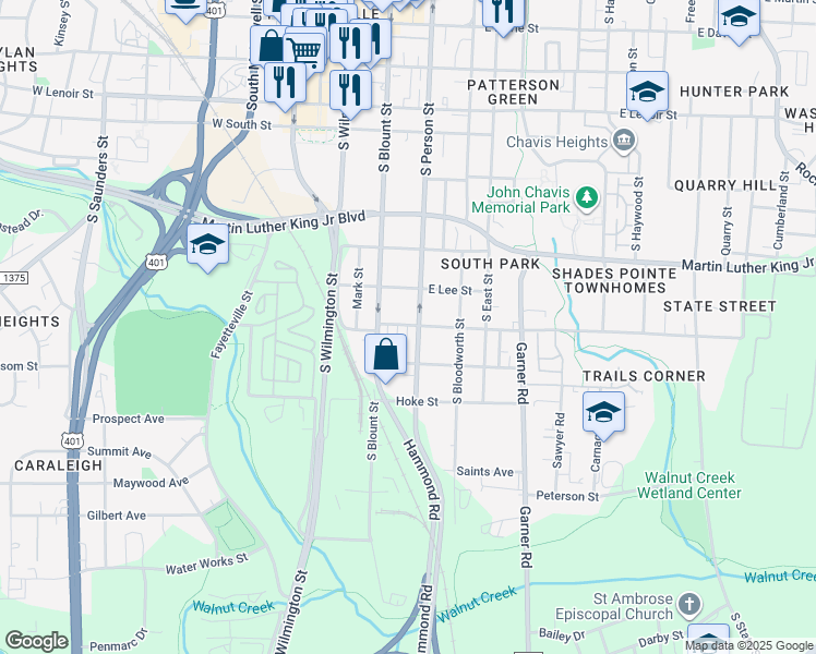 map of restaurants, bars, coffee shops, grocery stores, and more near 1116 South Person Street in Raleigh