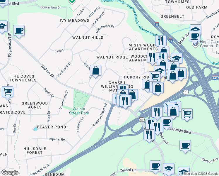 map of restaurants, bars, coffee shops, grocery stores, and more near 1232 Hamilton Court in Cary