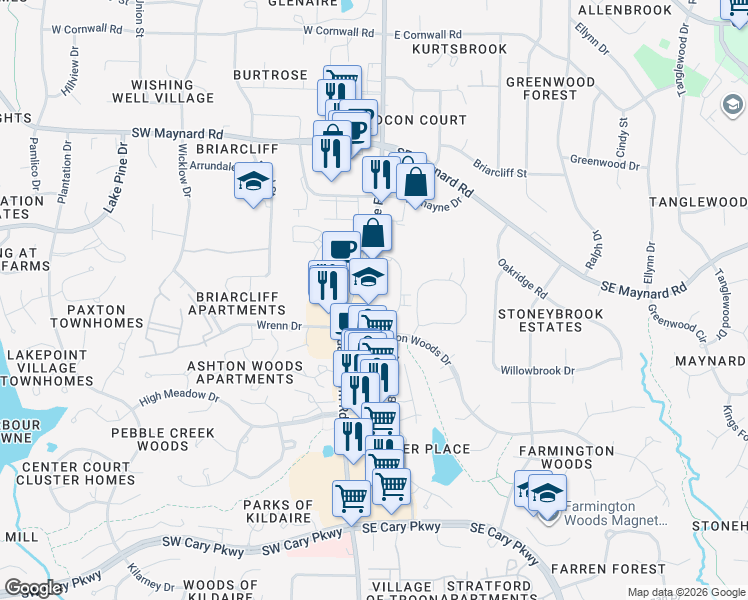 map of restaurants, bars, coffee shops, grocery stores, and more near 1148 Executive Circle in Cary