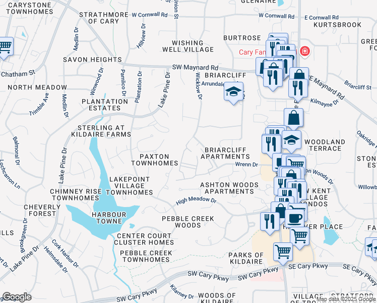 map of restaurants, bars, coffee shops, grocery stores, and more near 315 Bargate Drive in Cary