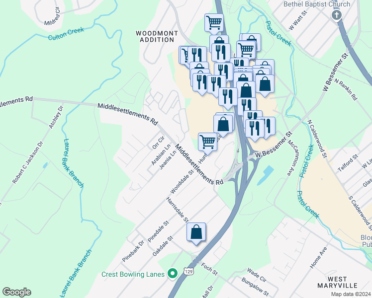 map of restaurants, bars, coffee shops, grocery stores, and more near 1125 Middlesettlements Road in Maryville