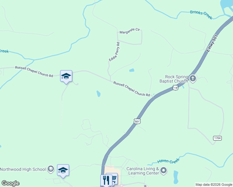 map of restaurants, bars, coffee shops, grocery stores, and more near 323 Russell Chapel Church Road in Pittsboro
