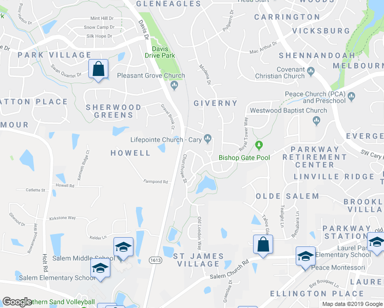 map of restaurants, bars, coffee shops, grocery stores, and more near 400 Hilltop View Street in Cary