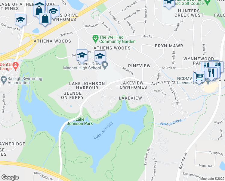 map of restaurants, bars, coffee shops, grocery stores, and more near 4229 The Oaks Drive in Raleigh